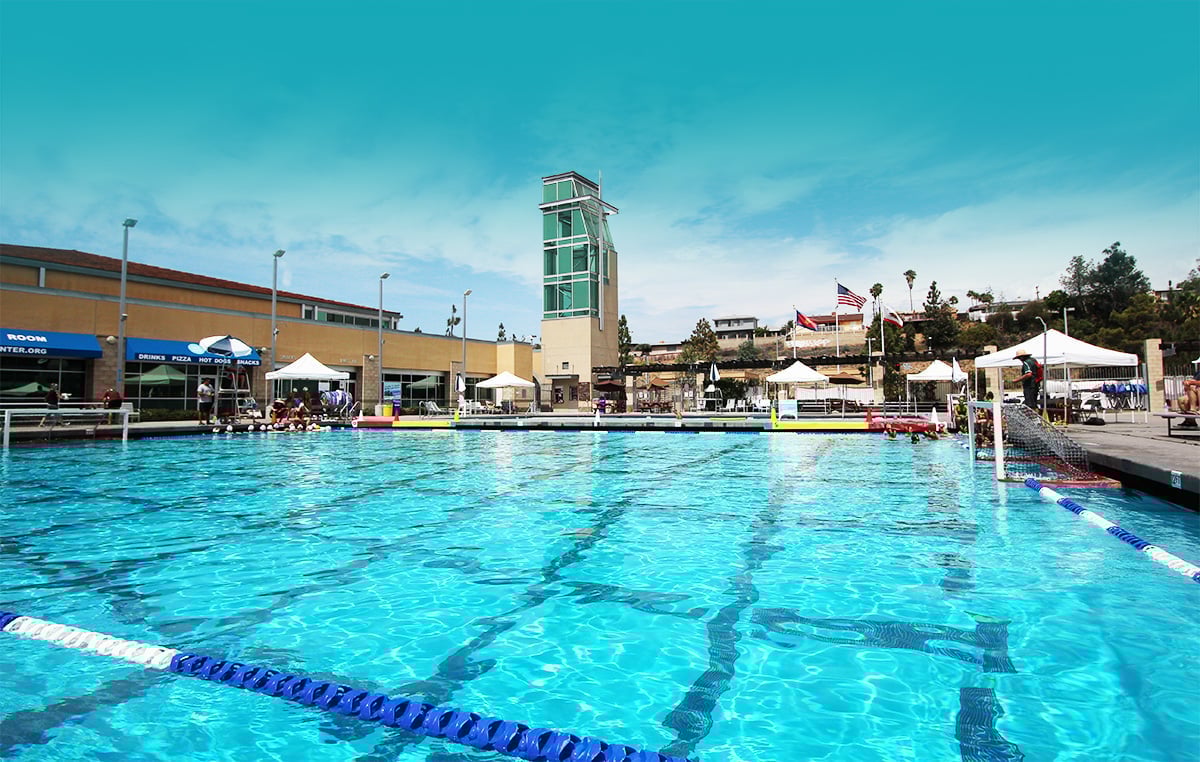 The view of The Salvation Army Kroc Center building from the outdoor pool.